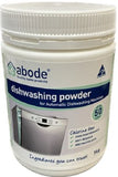 A 1 litre white plastic canister labelled Abode Dishwashing Powder 1kg