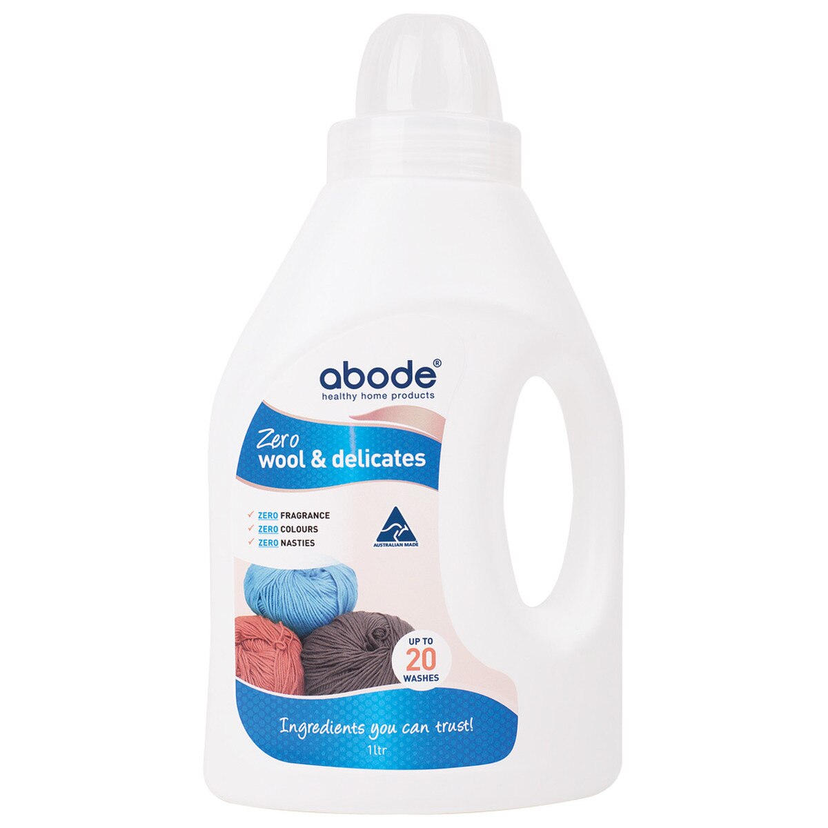 A white plastic 1 litre bottle with a handle incorporated in the bottle. The bottleis labelled Abode Zero Wool & Delicates. Zero colours, zero fragrance, zero nasties. 1litre. Up to 20 washes. Ingredients you can trust. Australian made logo.