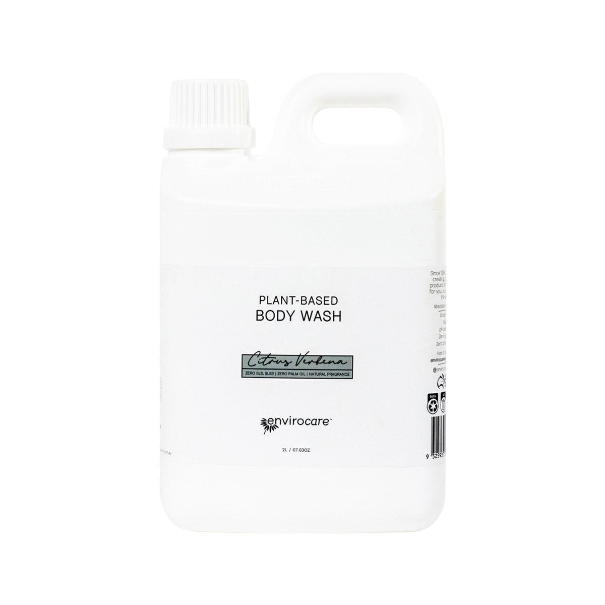 Image shows a white plastic 2 litre container in a jerrycan shape . The container has a screwtop and is labelled Plant Based Body Wash Citrus Verbena Envirocare 2 litres
