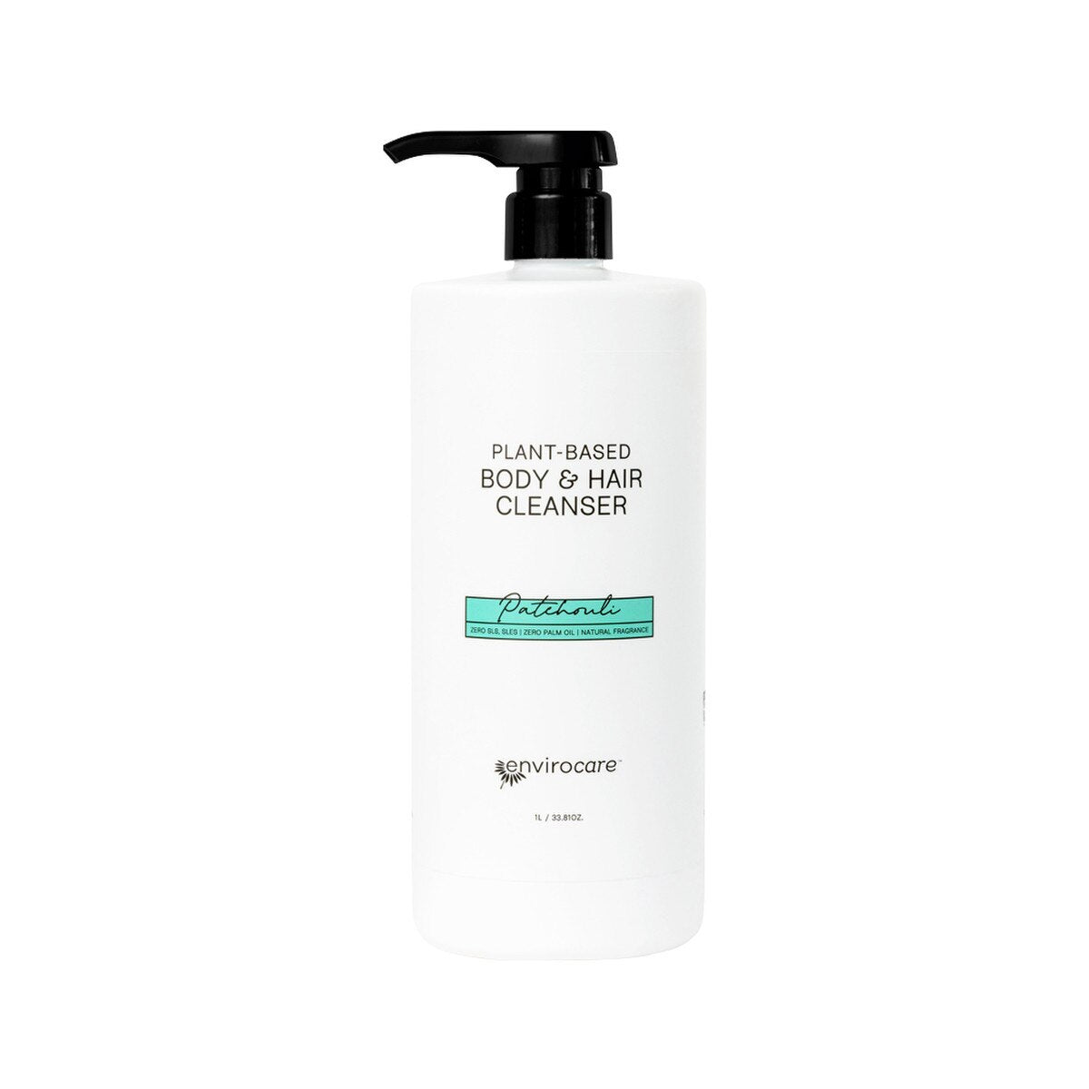 Image shows a white plastic 1 litre bottle with a black plastic pump action dispenser. The bottle is labelled Plant Based Body and Hair Cleanser Patchouli Envirocare 1L