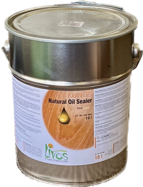 A 10 litre tin labelled Kunos Natural Oil Sealer Clear Art No 244-002 The label bears the brand Livos and includes small print instructions, ingredients and specifications.