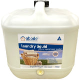A white plastic cube shaped drum with a black plastic tap supplied. Tap is to be screwed into recessed position for ease of dispensing contents as required. Container is labelled Abode Laundry Liquid (Front & Top Loader) Zero 15L