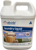 A white plastic jerrycan shaped container labelled  Abode Laundry Liquid (Front & Top Loader) Zero 4L
