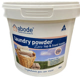 A white plastic bucket labelled Abode Laundry Powder (Front & Top Loader) Zero Bucket 4kg