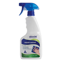 A white plastic spray bottle with handgrip  and blue plastic spray mechanism. Bottle is labelled Abode Mould Control Oxy action 500ml 