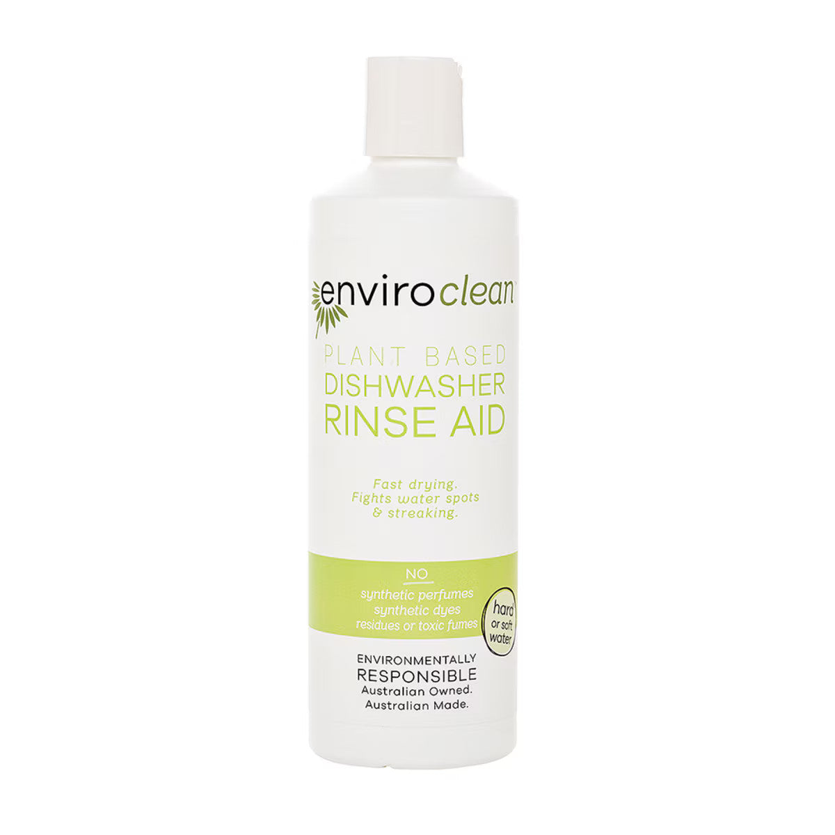 Image shows a white plastic half litre bottle with a flip-top-lid dispenser. The bottle is labelled Plant Based Dishwasher Rinse Aid.