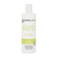 Image shows a white plastic half litre bottle with a flip-top-lid dispenser. The bottle is labelled Plant Based Dishwasher Rinse Aid.