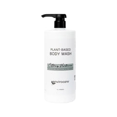 Image shows a white plastic 1 litre bottle with a black plastic pump action dispenser. The bottle is labelled Plant Based Body Wash Citrus Verbena Envirocare 1L