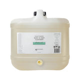 Image shows a square translucent plastic 15 litre container in a cube shape. The container has a bung where the tap is to be fitted, and on the top surface is black screwed on filler cap beside the handle. The container is labelled Plant Based Body and Hair Cleanser Patchouli Envirocare 15 litres 