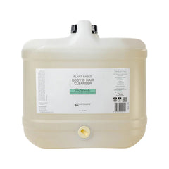 Image shows a square translucent plastic 15 litre container in a cube shape. The container has a bung where the tap is to be fitted, and on the top surface is black screwed on filler cap beside the handle. The container is labelled Plant Based Body and Hair Cleanser Patchouli Envirocare 15 litres 