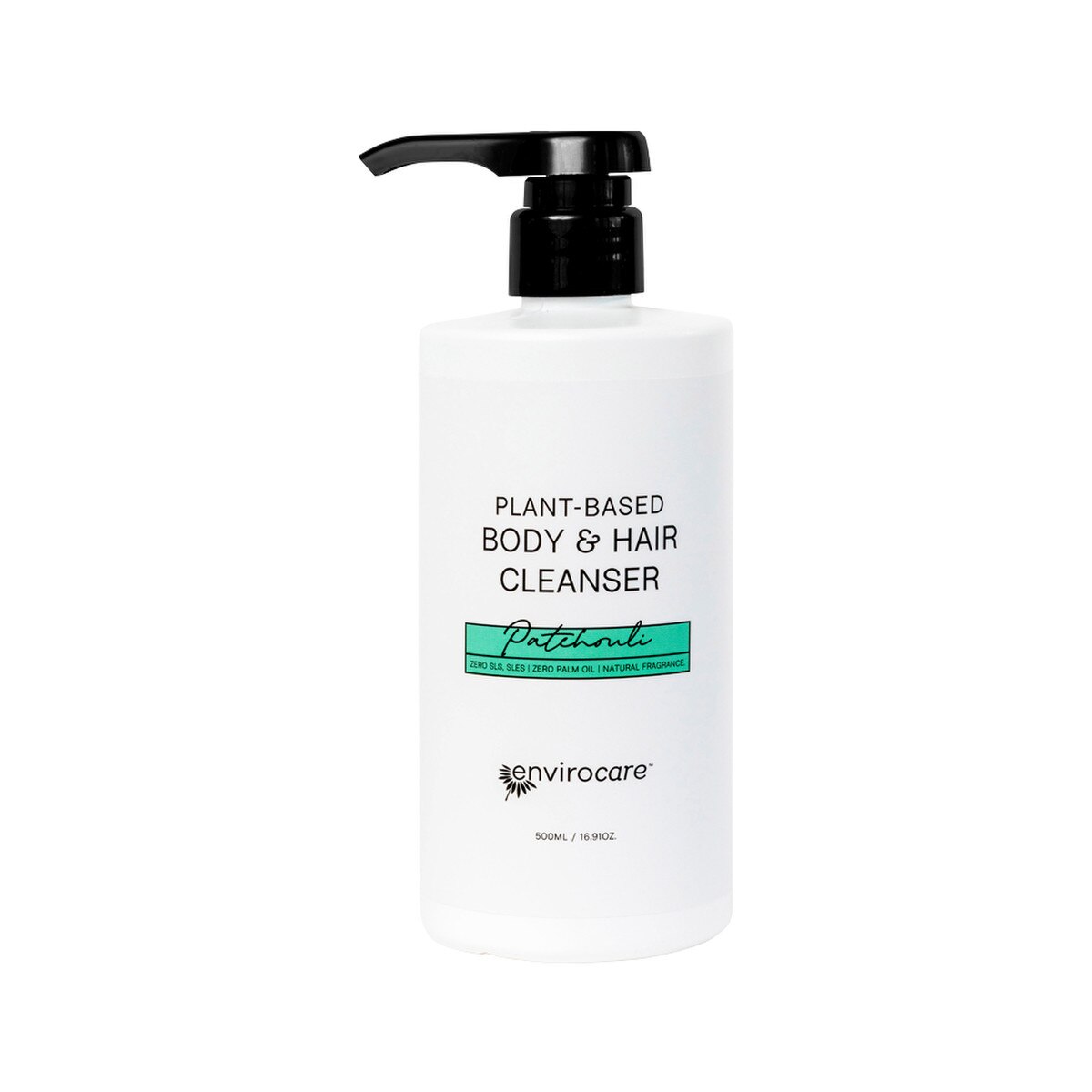 Image shows a white plastic 500ml bottle with a black plastic pump action dispenser. The bottle is labelled Plant Based Body and Hair Cleanser Patchouli Envirocare 500ml
