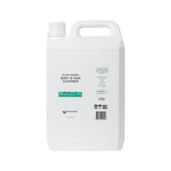 Image shows a white plastic 5 litre container in a jerrycan shape . The container is labelled Plant Based Body and Hair Cleanser Patchouli Envirocare 5 litres