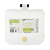 Image shows a square translucent plastic 15 litre container in a cube shape. The container has a bung where the tap is to be fitted, and on the top surface is black screwed on filler cap beside the handle. The container is labelled EnviroClean Plant Based Dishwasher Rinse Aid.