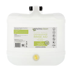 Image shows a square translucent plastic 15 litre container in a cube shape. The container has a bung where the tap is to be fitted, and on the top surface is black screwed on filler cap beside the handle. The container is labelled EnviroClean Plant Based Dishwasher Rinse Aid.