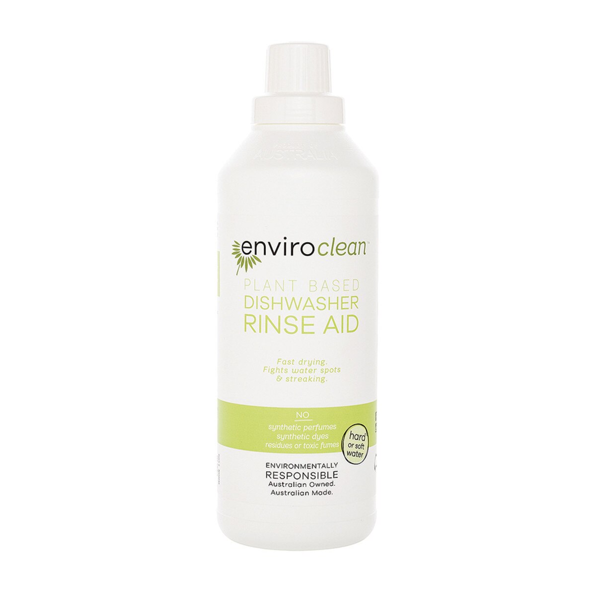 Image shows a white plastic 1 litre bottle with a screwtop lid. The bottle is labelled EnviroClean Plant Based Dishwasher Rinse Aid.