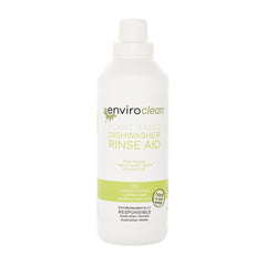 Image shows a white plastic 1 litre bottle with a screwtop lid. The bottle is labelled EnviroClean Plant Based Dishwasher Rinse Aid.
