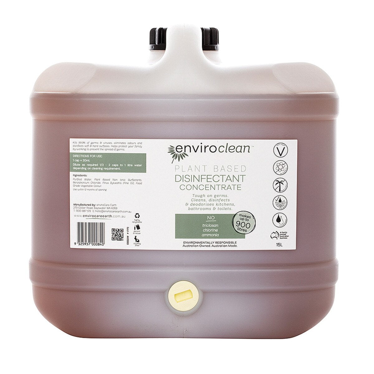 Image shows a square translucent plastic 15 litre container in a cube shape. The container has a bung where the tap is to be fitted, and on the top surface is black screwed on filler cap beside the handle. The container is labelled EnviroClean Plant Based Disinfectant Concentrate 15 litres