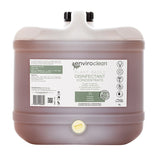 Image shows a square translucent plastic 15 litre container in a cube shape. The container has a bung where the tap is to be fitted, and on the top surface is black screwed on filler cap beside the handle. The container is labelled EnviroClean Plant Based Disinfectant Concentrate 15 litres