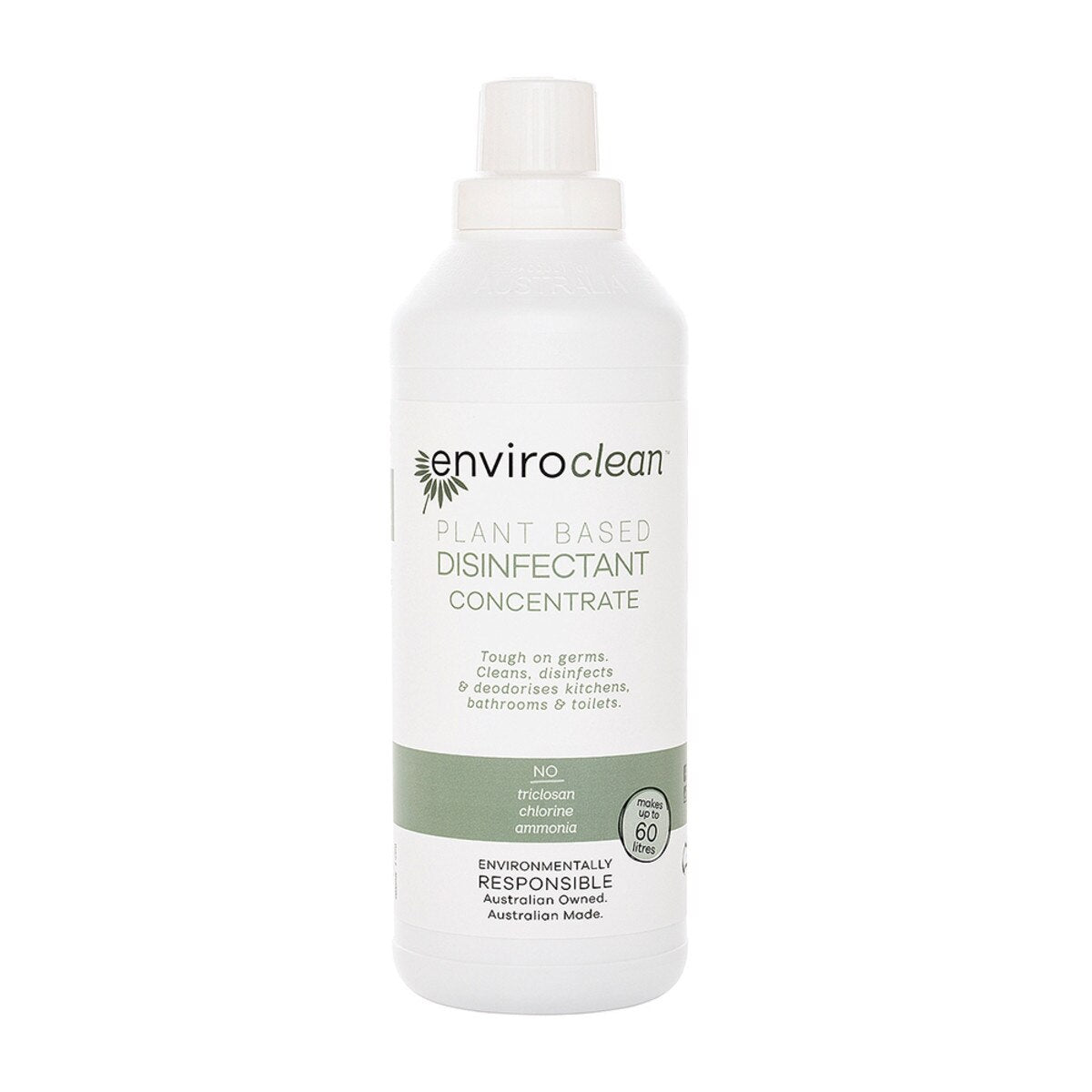 Image shows a white plastic 1 litre bottle with a screwtop lid. The bottle is labelled EnviroClean Disinfectant Concentrate 1 litre.