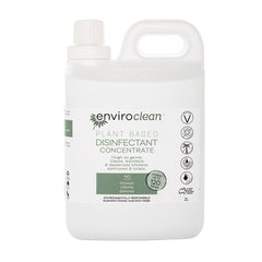 Image shows a white plastic 2 litre container in a jerrycan shape . The container has a screwtop lid and is labelled EnviroClean Disinfectant Concentrate 2 litres