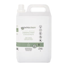 Image shows a white plastic 5 litre container in a jerrycan shape . The container has a screwtop lid and is labelled EnviroClean Disinfectant Concentrate 5 Litres