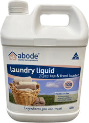 A white plastic jerrycan shaped container labelled  Abode Laundry Liquid (Front & Top Loader) Zero 4L